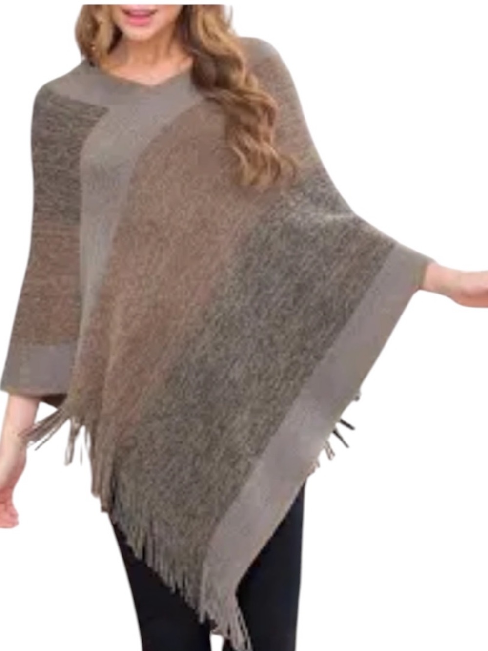 Women's Taupe Fringe Poncho Sweater perfect for fall season